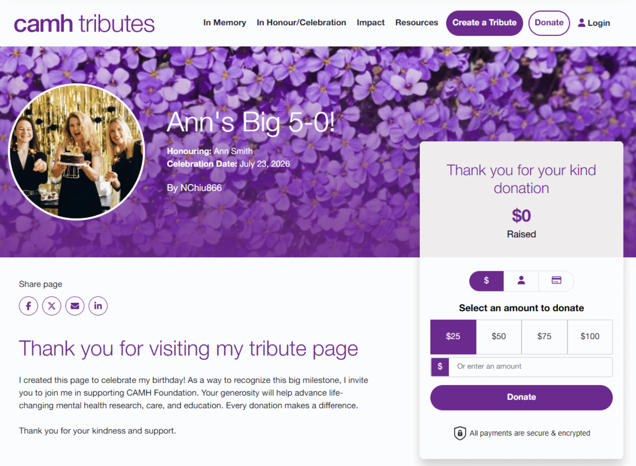 In Honour or Celebration Fundraising Page Example