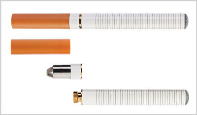An e-cigarette and it's separate parts beneath it on a white background. 