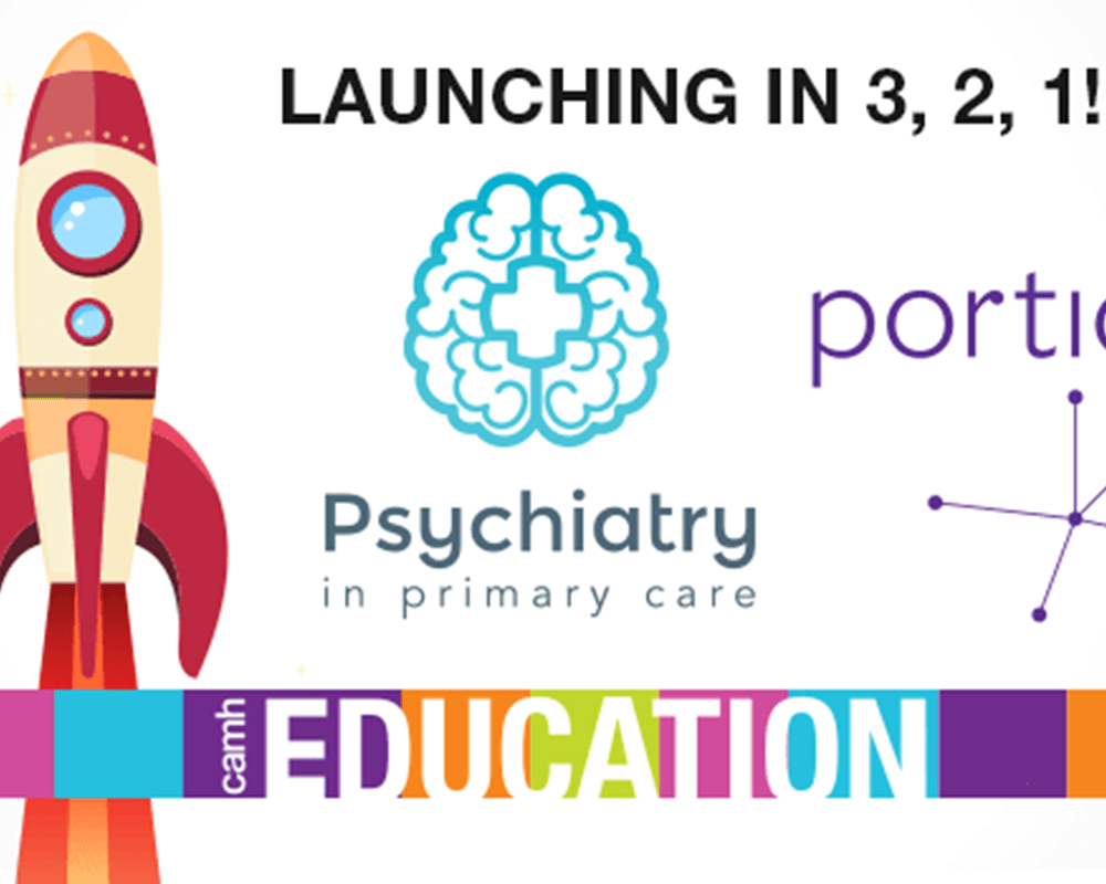 A colourful illustration with a red and pale yellow rocket launching, an axial plane view of cartoon brain with the title Psychiatry in Primary Care, and the Portico logo with the phrase