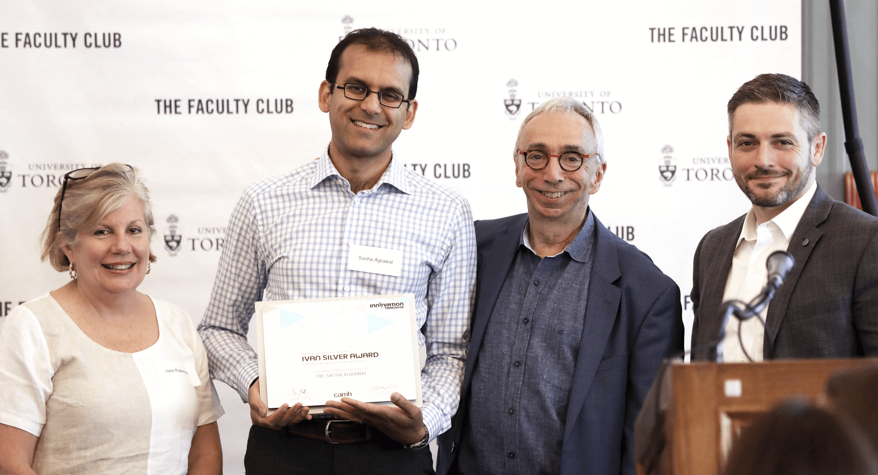 2018 Innovation in Teaching award winner, Sacha Agrawal, with Jane Paterson, Ivan Silver and Michael Shaw