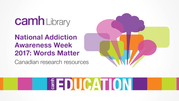 A colourful illustration made by CAMH Library of a bunch of different text bubbles on a white background, with the phrase 