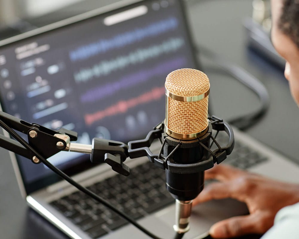 Man in front of computer and microphone