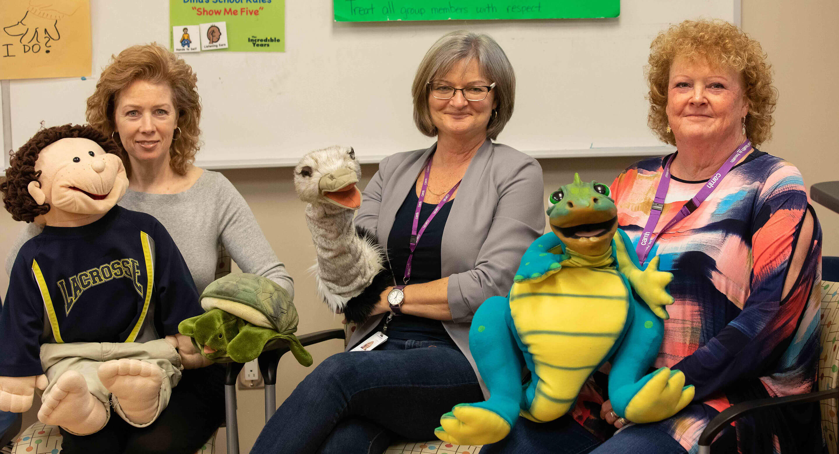 Janine De Rosie, Susan Lytle and MaryLynn Reddon D’Arcy displaying puppets