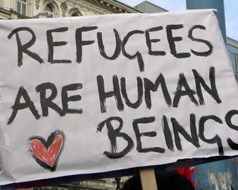 A banner written with black paint