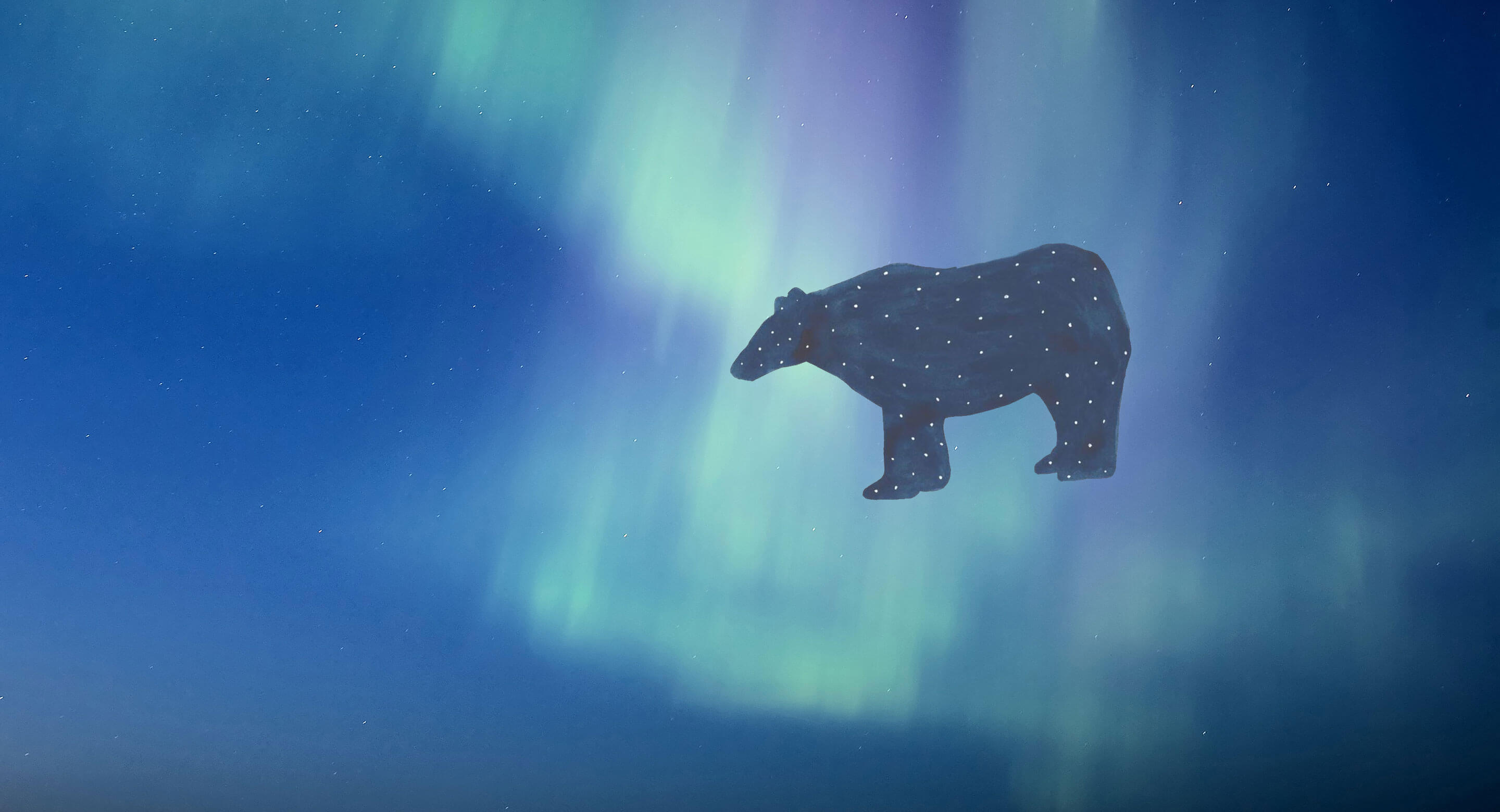 Shkaabe Makwa masthead with bear illustration and Northern Lights