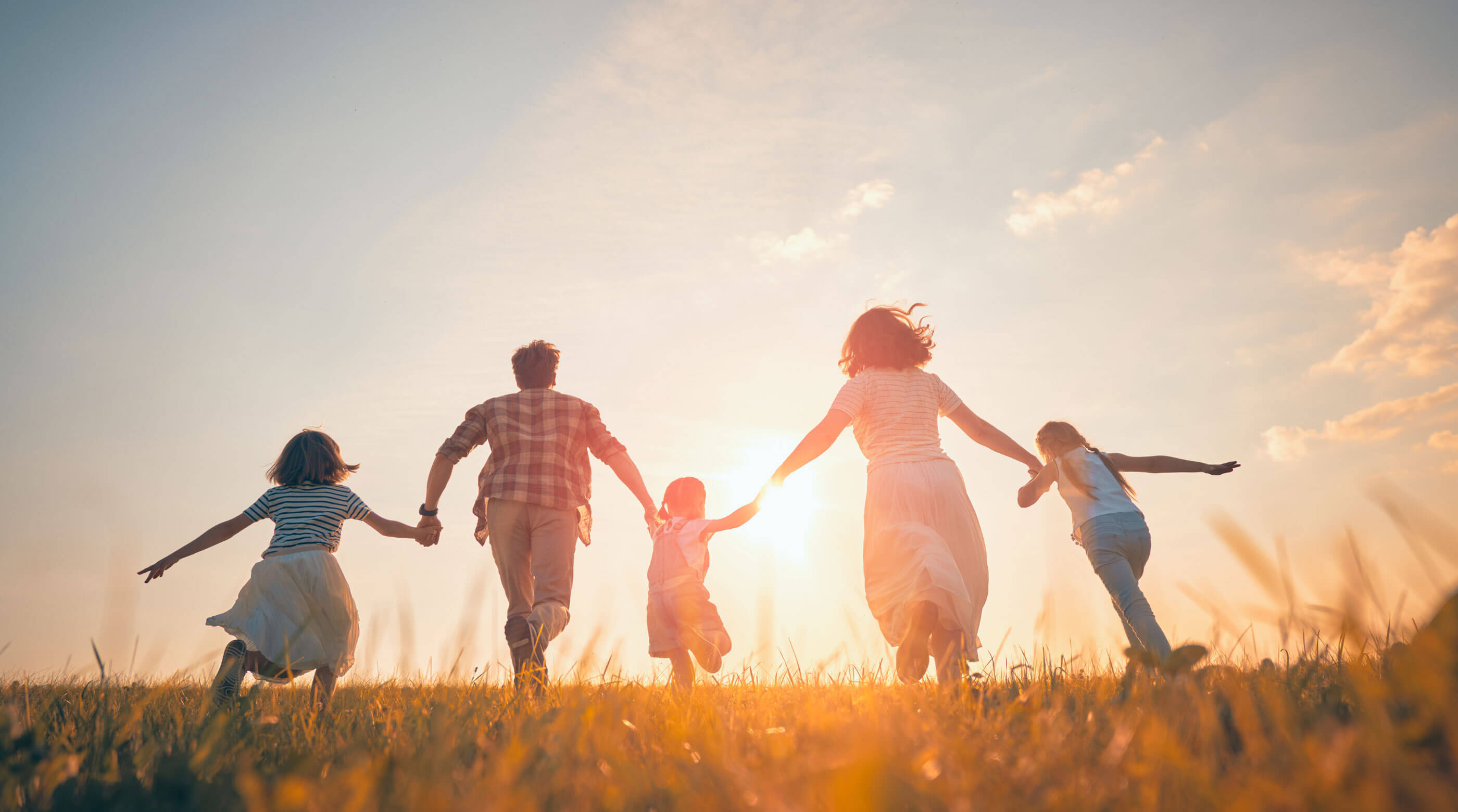People running in a field at sunrise or sunset.